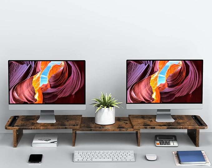 Zimilar Dual Monitor Stand Riser, Monitor Stand with Adjustable Length and Angle, Wood Monitor stand for desk, Monitor Riser for 2 monitors with Storage Space(Rust Brown Large)-DeskLoop Office