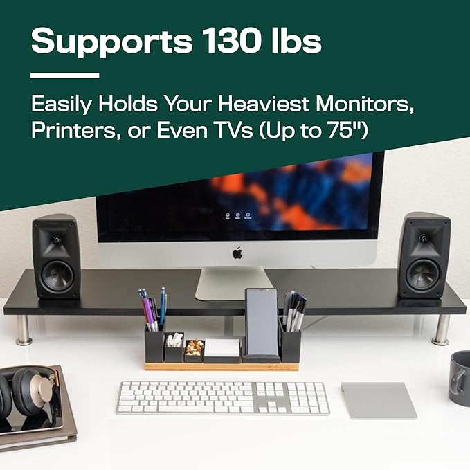 The Original Bamboo Dual Monitor Stand (As Seen On PBS) - 42 Inch Large Monitor Riser for Computer Screens, Laptop or TV - Desk Shelf Adds Storage Space and Improves Ergonomics - Black-DeskLoop Office