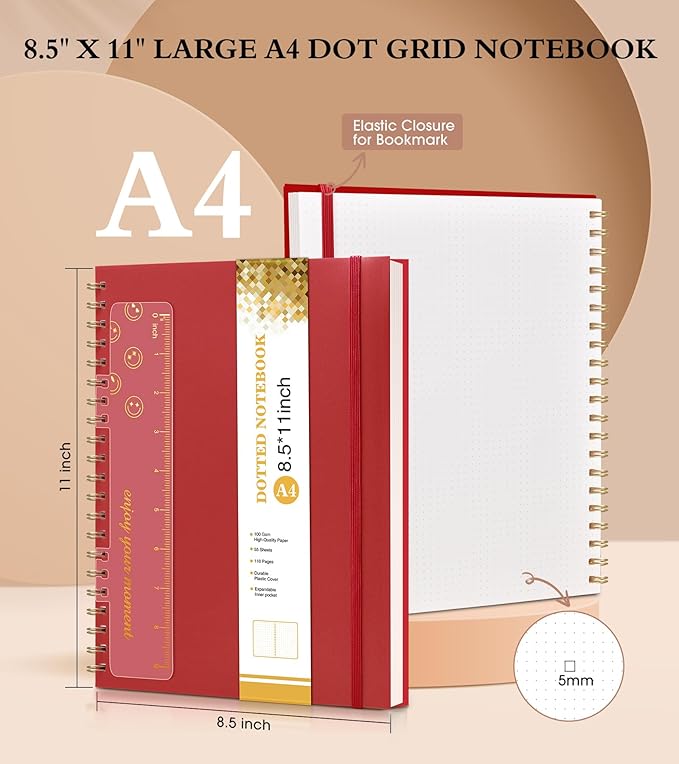 Dotted Notebook, Spiral Notebook Journal 8.5” x 11”, A4 Large Dot Grid Notebooks for Women Men, 100 GSM Dotted Paper, Plastic Hardcover Spiral Bullet Journals for Work School Sketching, Red-DeskLoop Office