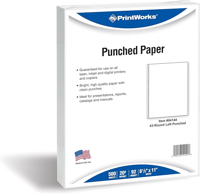 PrintWorks Professional Pre-Punched Spiral Binding Paper - 43-Hole (4:1 Pitch Hole Punch) - Book Binding Printer Paper - Made in the USA - 500 Sheets - 8.5" x 11" - 20 lb - 92 Bright White (04144)-DeskLoop Office