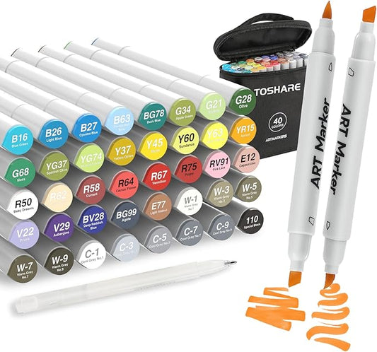 40 Colors Alcohol Markers - Double Tip Art Markers Alcohol Based Marker Brush&Chisel Nib Blender Art Pens Permanent Sketch Marker for Kids Adults Coloring and Artist Illustration-DeskLoop Office