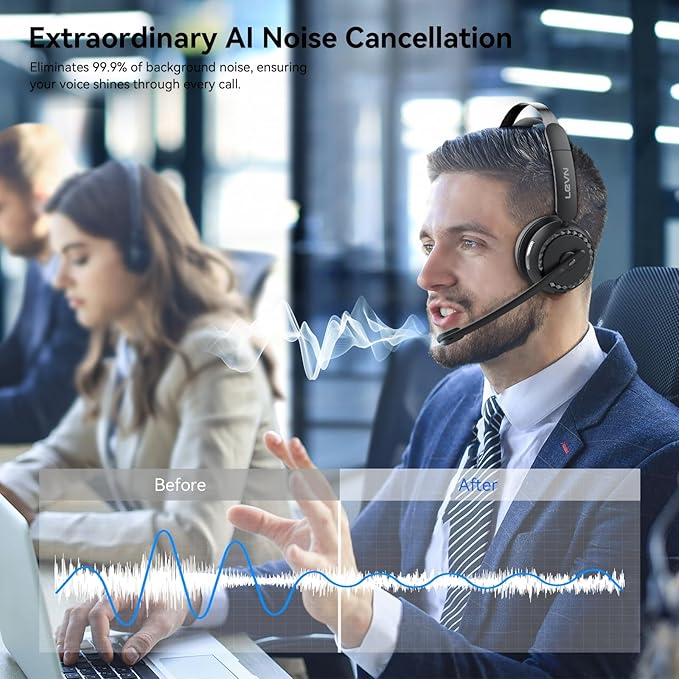 LEVN Wireless Headset, Wireless Headset with Mic for Work, AI Noise Cancelling, 65 Hrs Working Time, Bluetooth Headphones with Microphone from Home/Computer/Call Center/Teams-DeskLoop Office