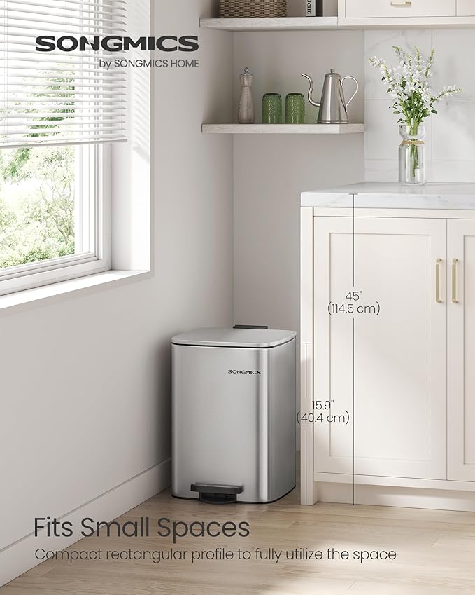 SONGMICS Kitchen Trash Can, 5.2-Gallon (20 L) Trash Bin, Stainless Steel Garbage Can, with Inner Bucket, Soft Close and Stays Open, Metallic Silver ULTB592E01-DeskLoop Office