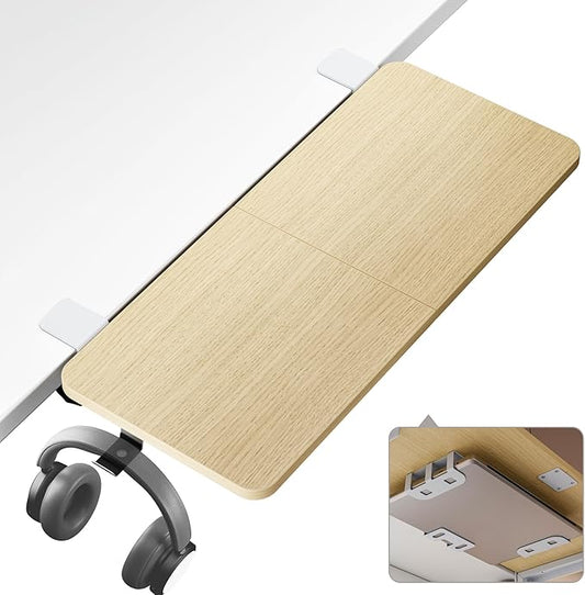 Desk Extender Tray, 28" x 12" Clamp On Desk Shelf, Desk Extension with Laptop Holder, Table Desk Arm Rest, Clamp On Keyboard Tray for Office and Home, Workstation Organizer, Large, Wood-DeskLoop Office