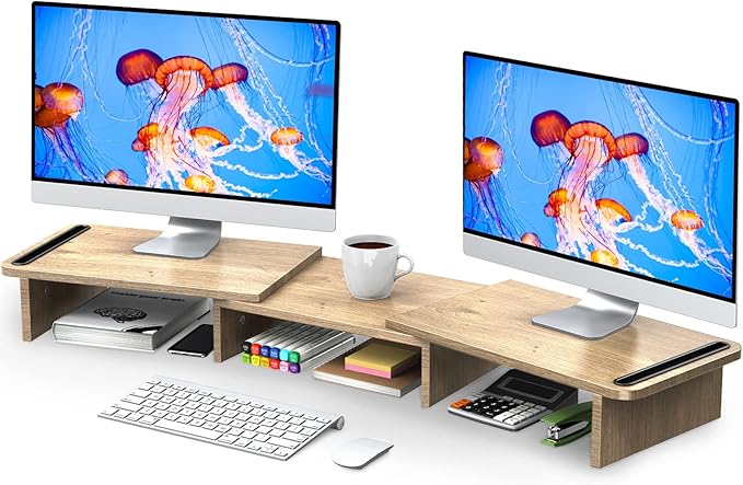Zimilar Dual Monitor Stand Riser, Monitor Stand with Adjustable Length and Angle, Wood Monitor Stand for Desk, Monitor Riser for 2 Monitors with Storage Space-DeskLoop Office