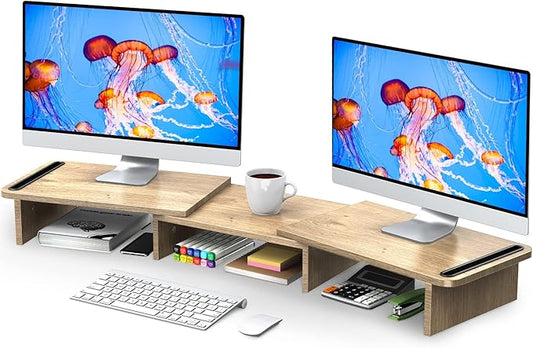 Zimilar Dual Monitor Stand Riser, Monitor Stand with Adjustable Length and Angle, Wood Monitor Stand for Desk, Monitor Riser for 2 Monitors with Storage Space-DeskLoop Office