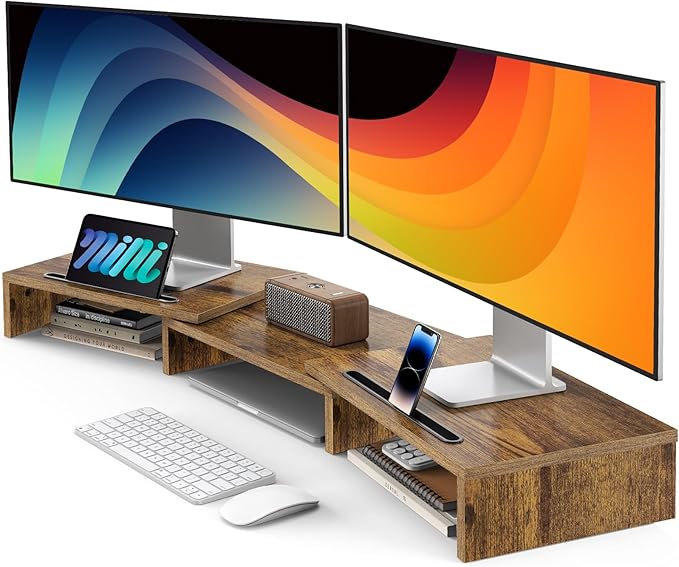 AMERIERGO Dual Monitor Stand Riser- 3 Shelf Screen Stand with Adjustable Length and Angle, 2 Extra Functional Slot Desktop Organizer Stand for PC, Computer, Laptop (Rustic Brown)-DeskLoop Office