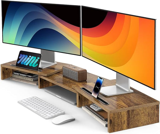 AMERIERGO Dual Monitor Stand Riser- 3 Shelf Screen Stand with Adjustable Length and Angle, 2 Extra Functional Slot Desktop Organizer Stand for PC, Computer, Laptop (Rustic Brown)-DeskLoop Office
