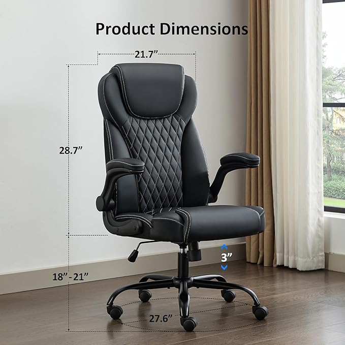 Office Chair, Executive Leather Chair Home Office Desk Chairs, Ergonomic Computer Desk Chair with Adjustable Flip-Up Arms, Lumbar Support Swivel Task Chair with Rocking Function (Black)-DeskLoop Office