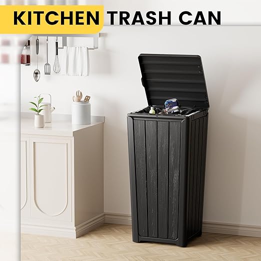 Outdoor Trash Can with Lid, Waterproof Resin Garbage Can with Tiered Lid, Outside Trash Bin for Patio, Kitchen, Backyard or Deck-DeskLoop Office