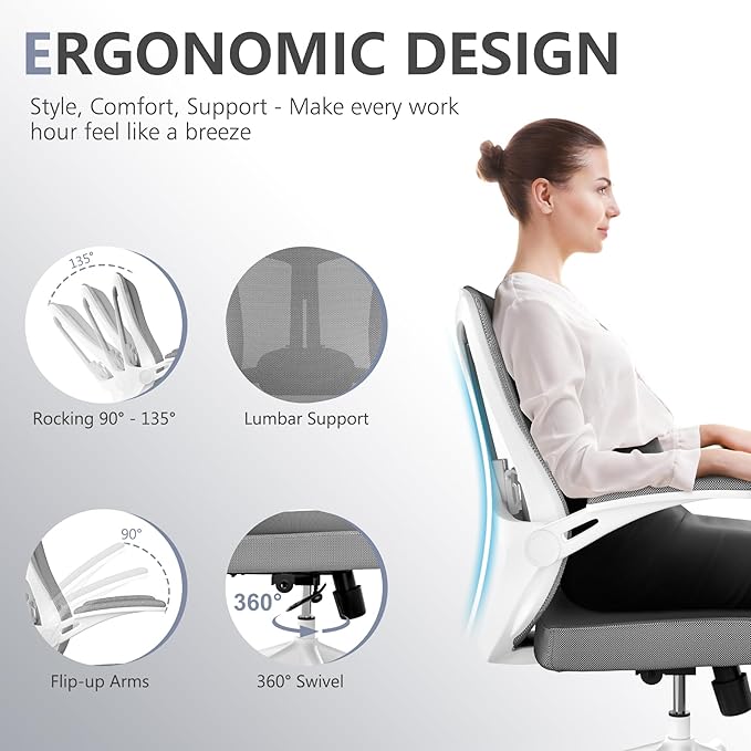 Computer Office Chair, Ergonomic Comfort Home Desk Chair, Mid Back Gaming Chair with Wheels, Adjustable Height, Lumbar Support, Flip-up Armrest with 350LBS Capacity-DeskLoop Office