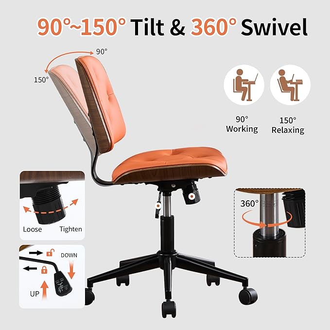 Small Armless Desk Chair – PU Leather Mid-Back Ergonomic Office Chair with Adjustable Height, Swivel Wheels, Walnut Frame, Ideal for Small Office, Study, or Bedroom, Orange-DeskLoop Office