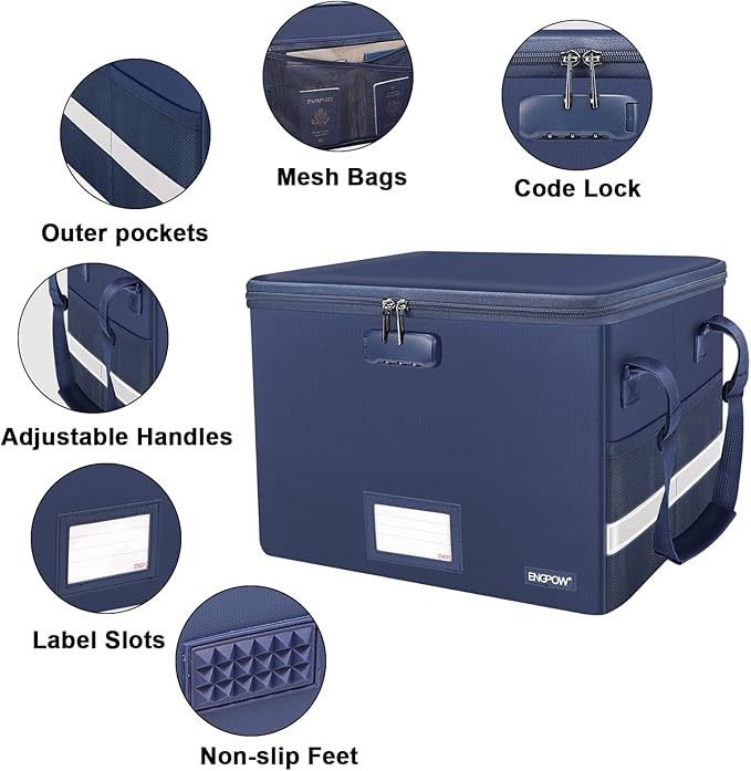 ENGPOW File Box with Lock, Fireproof Document Box with Zipper&Pockets, Collapsible File Organizer Filing Storage Cabinet with Handle, Portable Home Office Safe for Hanging Letter/Legal Folder, Blue-DeskLoop Office
