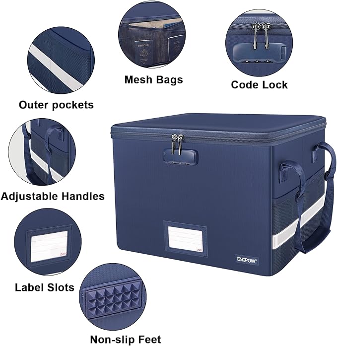 ENGPOW File Box with Lock, Fireproof Document Box with Pockets, Collapsible File Organizer Filing Storage Cabinet with Handle, Portable Home Office Safe for Hanging Letter/Legal Folders, Blue, 2 Pack-DeskLoop Office
