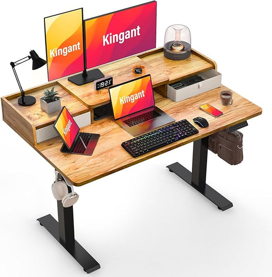 Standing Desk with Drawers,Thickened Table Legs Sit Stand Desk Electric for Home Office & Gaming,Ergonomic Stand Up Desk Cable Management Tray(Classic Black) (Light Rustic Brown, 48″ x 30″)-DeskLoop Office