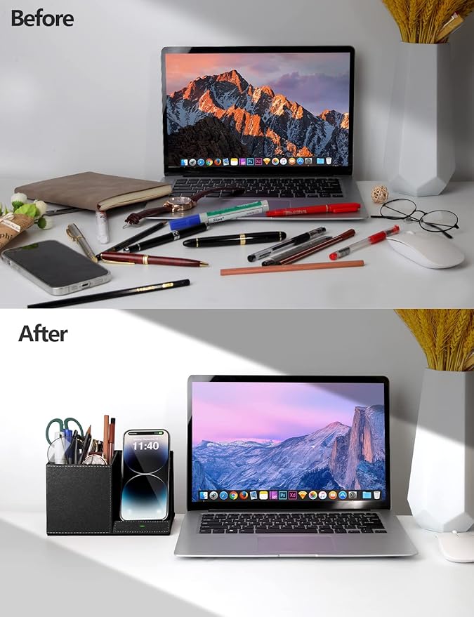 2-in-1 Pen Holder with Wireless Charger, Compatible with iPhone 16/15/14/13/12/11/8 Series, Pencil Holder Phone Stand for Desk Home Office, Men Gift Husband Wife Anniversary Dad Birthday Idea Gadget-DeskLoop Office