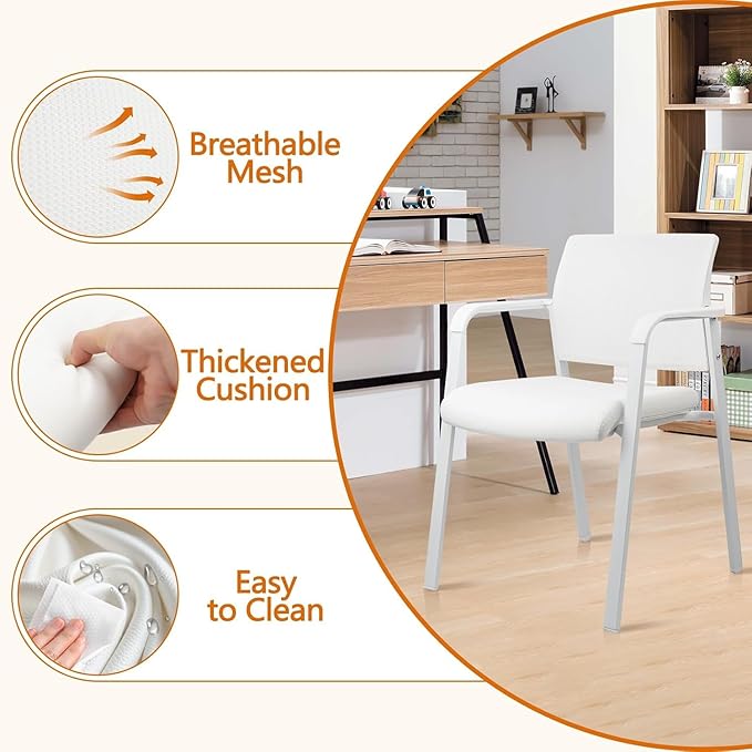 CLATINA Stacking Office Chairs | Mesh Back, Thicken Leather Seat and Arms, Ergonomic Lumber Support | Guest Reception, Waiting, Conference, School, Party, Customer, Side, Stationary | Set of 8, White-DeskLoop Office