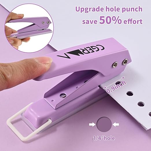 Single Hole Puncher, 1/4" Hole, 50% Labor Savings, Heavy Duty Metal Punch, 15 Sheet Capacity, for ID Cards, Chipboard, Art Project, Crafts Easy Punching, Purple-DeskLoop Office