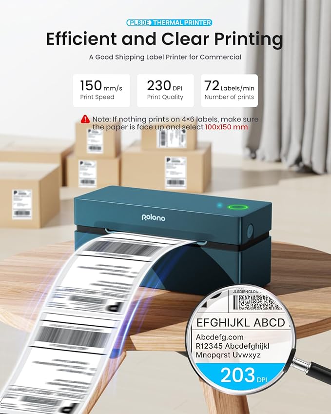 POLONO Bluetooth Thermal Shipping Label Printer, Wireless 4x6 Shipping Label Printer for Small Business, Support iOS, Android, Windows and Mac, Compatible with Amazon, Ebay, Shopify, 1 Pack (Blue)-DeskLoop Office