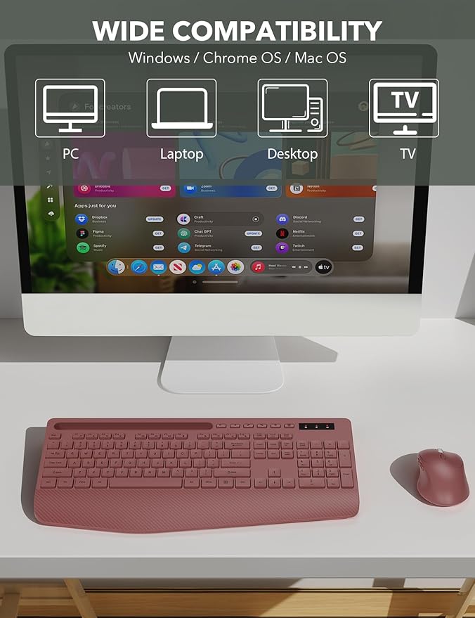 Wireless Keyboard and Mouse Combo - Full-Sized Ergonomic Keyboard with Wrist Rest, Phone Holder, Sleep Mode, Silent 2.4GHz Cordless Keyboard Mouse Combo for Computer, Laptop, PC, Mac, Windows-DeskLoop Office