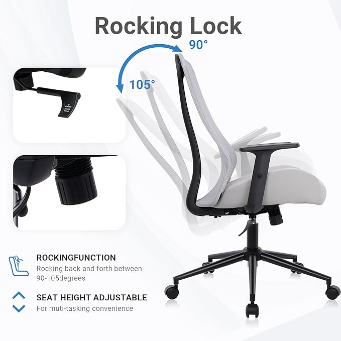 HYLONE Office Chair, 5" Thickened Seat Ergonomic Desk Chair with Adjustable Armrests, Home Office Computer Chairs for Long Hours Mesh Executive Chair(Black Base&Grey)-DeskLoop Office