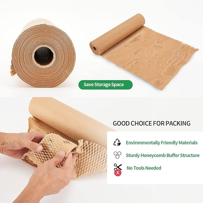 Honeycomb Packing Paper, HONSREO 15in x 300ft Eco Friendly Recyclable Cushioning Material, Bubble Wrap for Moving Shipping Breakable Supplies with 20 Fragile Sticker Lables (Brown)-DeskLoop Office