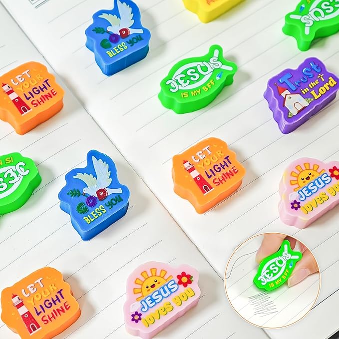 Cinrobiye 60 PCS Bible Verses Pencil Erasers Bulk Inspirational Scripture Eraser Christian Religious Favor Goody Bag Filler Gifts for Students Classroom Office Teacher Prizes Reward School Supplies-DeskLoop Office