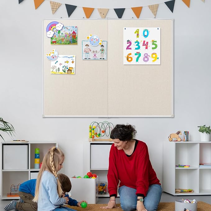 Double-Sided Large Cork Board with Linen, 48" x 36" Foldable Hanging Aluminum Framed Bulletin Board, Vision Board Pin Board Corkboards for Walls, Office, School Decor, 20 Pushpins-DeskLoop Office
