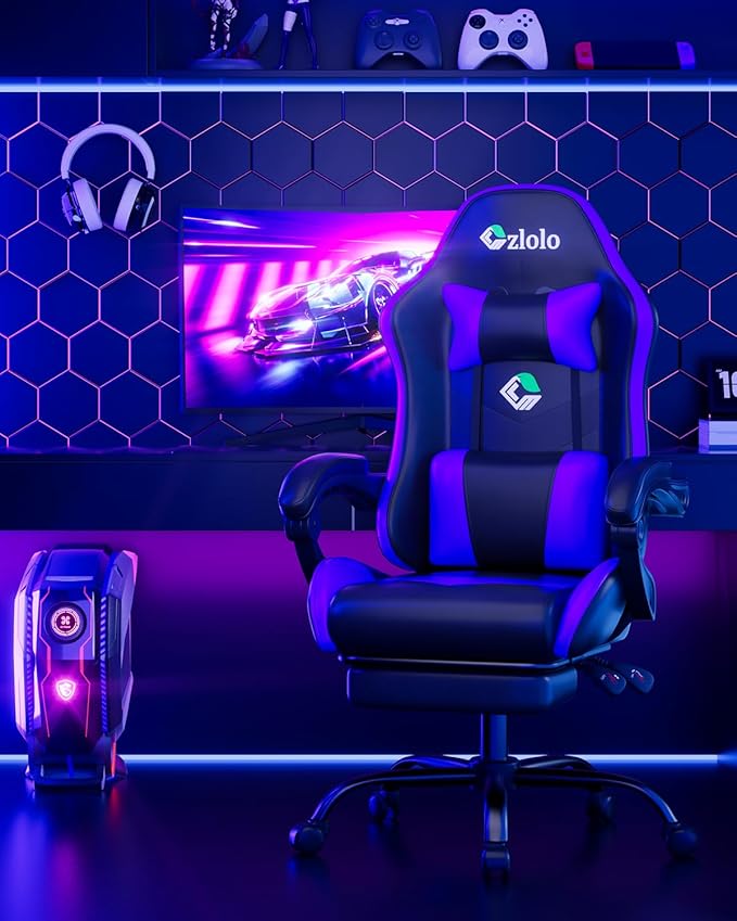 Gaming Chair, Ergonomic Office Computer Chair with Footrest and Lumbar Support Massager Racing Style High Back Video Gamer Chair, Wide&Thick Cushion, 90°-135° Recline, Adjustable Height, Blue-DeskLoop Office