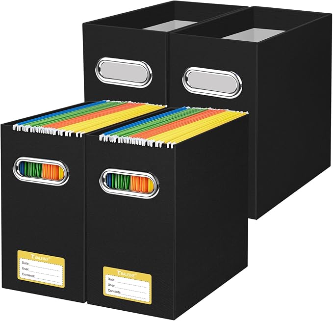 BALEINE File Organizer Box, Cardboard File Folder Organizer with Handle for Letter Size, Portable Collapsible Hanging Filing Box for Home Office Document Storage (4 Pack, Black)-DeskLoop Office