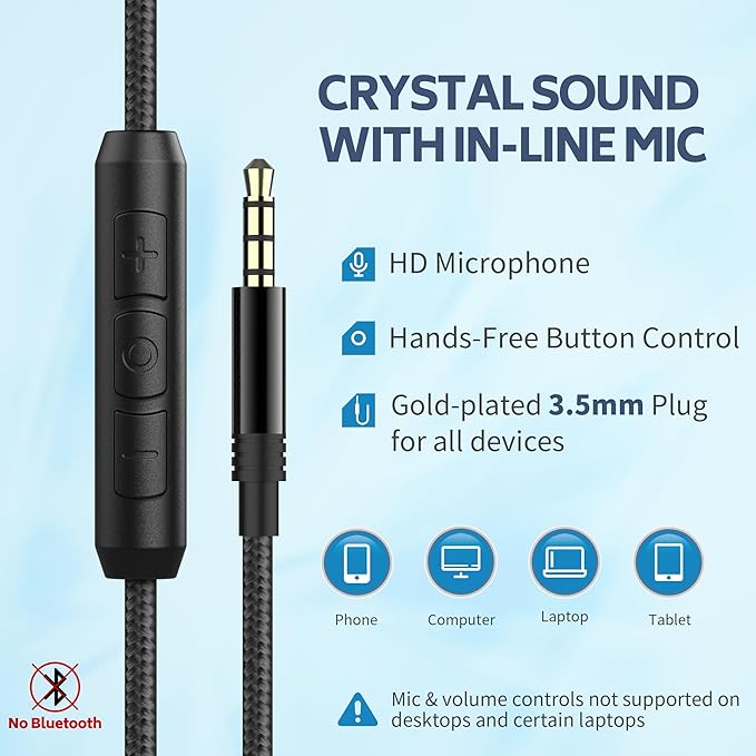 AC01 Over-Ear Headphones Wired, Passive Noise Isolating Corded Stereo Headsets with Mic Volume Control for Adults Teens 3.5mm for Chromebooks, Laptop, Computer, Tablets, Travel (Black Blue)-DeskLoop Office
