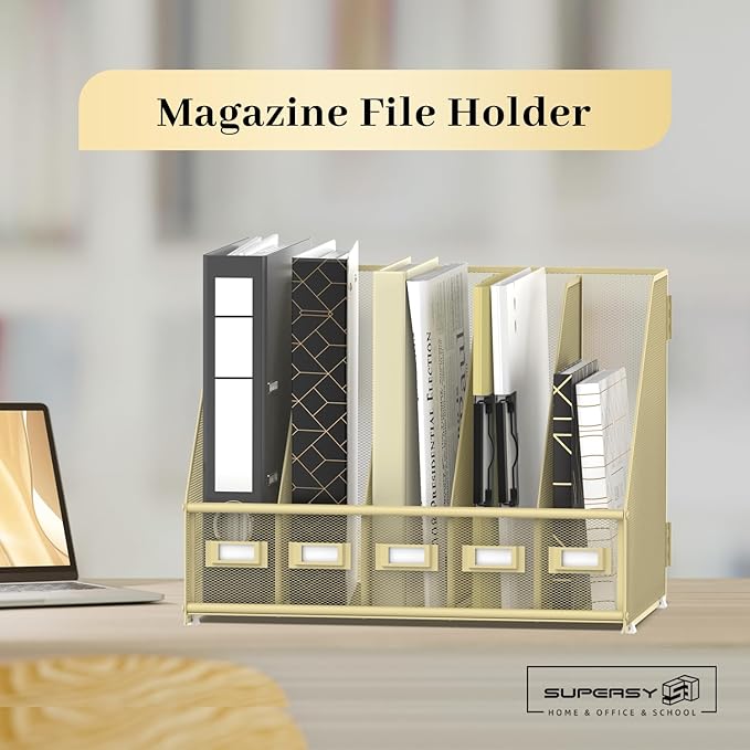 SUPEASY Desk Organizers Metal Desk Magazine File Holder with 5 Vertical Compartments Rack File Organizer for Office Desktop, Home Workspace, Golden Yellow, Plus-DeskLoop Office