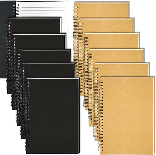 12Pack Small Spiral Notebook A5, 8.25x5.5” 120 Lined Pages Black & Brown Wide Ruled Spiral Journal Bulk Blank Kraft Cover Spiral Bound Notebook & Writing Pads for Home Office Meeting Work Note Taking-DeskLoop Office