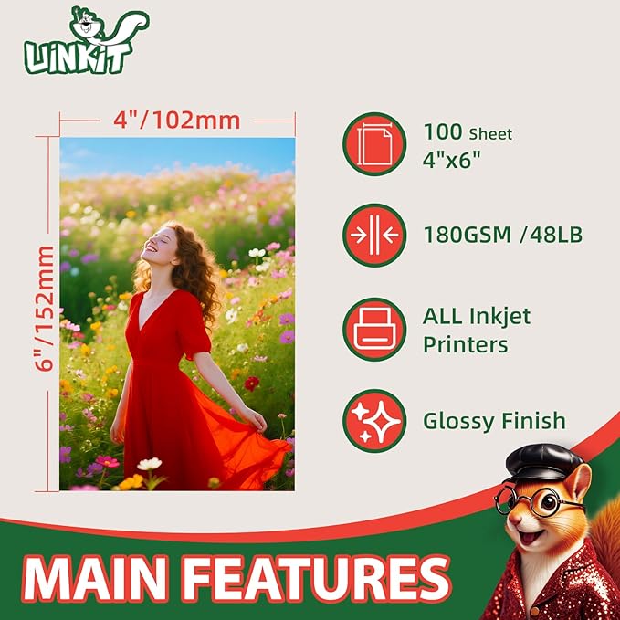 Uinkit Premium Glossy Inkjet Photo Paper - 4x6 Inch, 48lb 180gsm, 100 Sheets - Professional Photographic Quality, Dye Ink Compatible, High-Gloss Finish for Vivid Memories & Instant Prints-DeskLoop Office