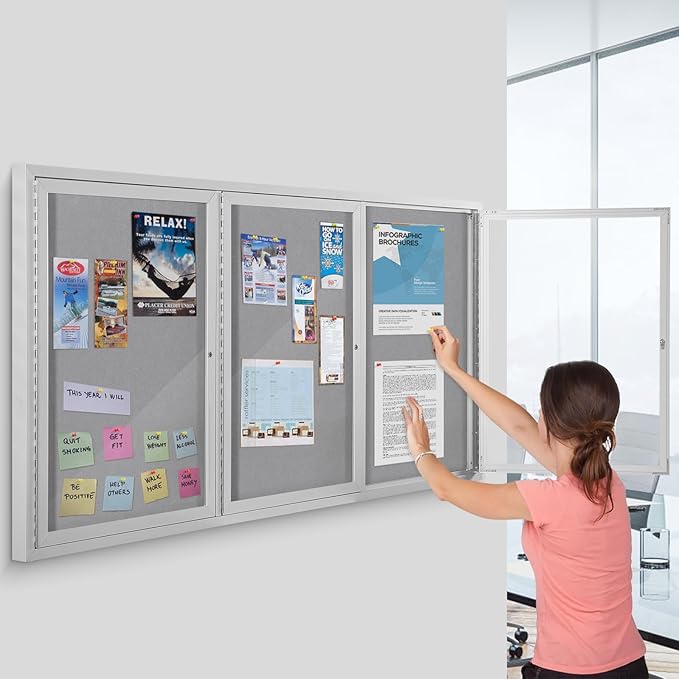 SWANCROWN Outdoor Bulletin Board 94x48in, Enclosed Bulletin Board with Locking Door for Office School Commerce, Grey Felt, Sliver Aluminum Frame-DeskLoop Office
