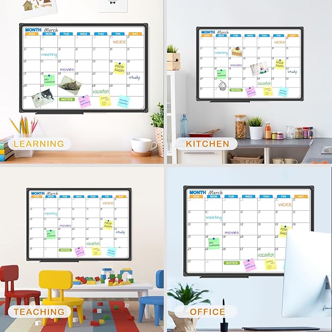 JILoffice Dry Erase Calendar Whiteboard - Magnetic White Board Calendar Monthly 24 X 18 Inch, Black Aluminium Frame Wall Mounted Board for Office Home and School-DeskLoop Office