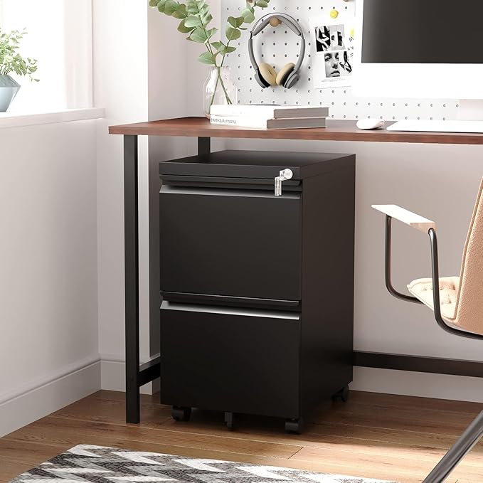 Letaya 2 Drawer Mobile File Cabinet with Lock, Under Desk Metal Rolling Filing Cabinets for Home Office Organizer Letters/Legal/A4 (Black- Requires Installation)-DeskLoop Office