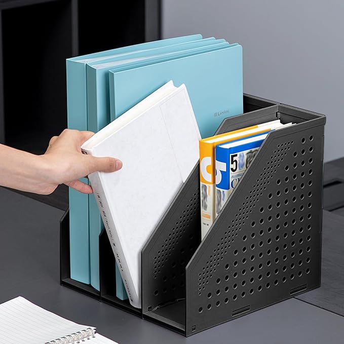 SAYEEC 2Pcs Collapsible Plastic Magazine File Holder Vertical Binder Storage Organizer for Desk Sturdy Upright Desktop Magazine Organizer Folder Rack for Office School Home (3 Compartments, Black)-DeskLoop Office