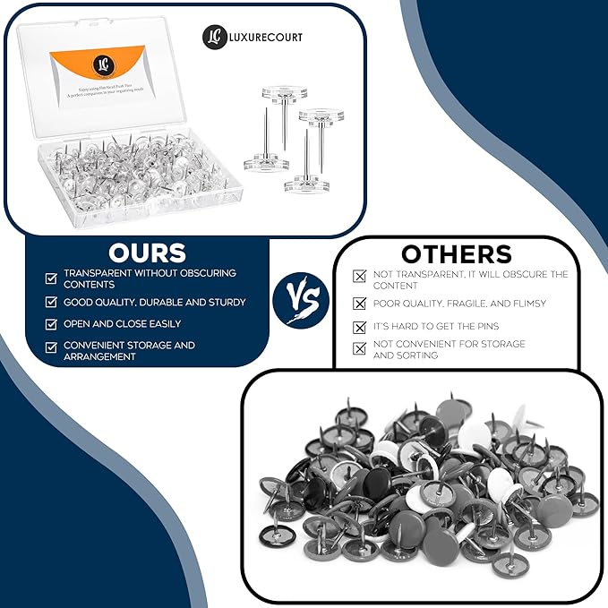 150 Pack Clear Push Pins Tacks by Luxurecourt, Flat Head Thumbtacks for Bulletin Board, Wall Hanging, Cork Board, Shadow Box, Heavy Duty Plastic Head with Steel Point in Reusable Storage Box.-DeskLoop Office