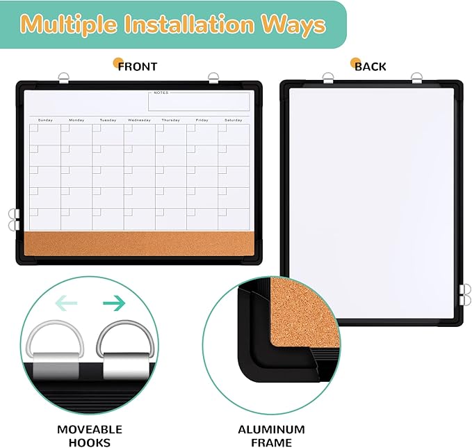 Monthly Calendar Whiteboard Dry Erase Cork Board Combination for Wall, 17x13 Magnetic Dry Erase Board, Double-Sided White Board, Portable Board for Office, Planning, Memo, School, Home (Black)-DeskLoop Office