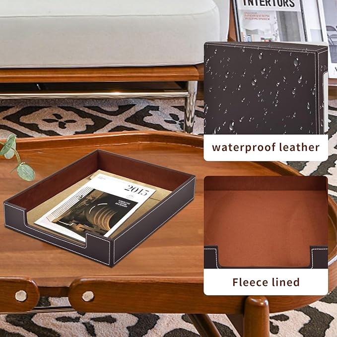 Leather Letter Tray, Office Supplies Desk Organizer for Mail Paper Files Magazines Jewelry Cosmetics,Luxury Letter Holder&Multipurpos Stackable Office Desktop Storage Box,Coffee-DeskLoop Office