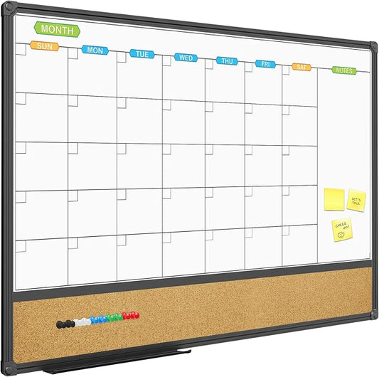 JILoffice Magnetic Calendar Whiteboard & Bulletin Corkboard Combination, Combo Board 36 x 24 Inch, Black Aluminum Frame Wall Mounted Board for Office Home and School with 10 Push Pins-DeskLoop Office