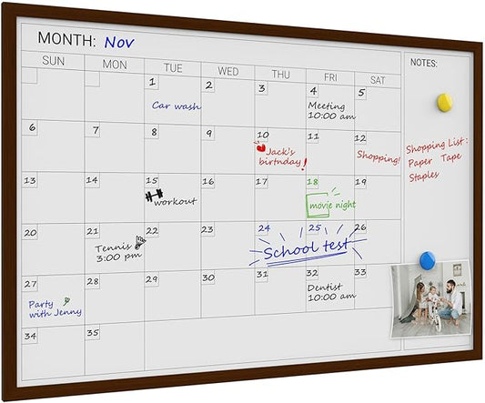 Comix Dry Erase Calendar Whiteboard for Wall,Magnetic Dry Erase White Board with Brown Wood Frame, 36 * 24 inches Decorative Planner Board for Office, Kitchen, School, Home-DeskLoop Office
