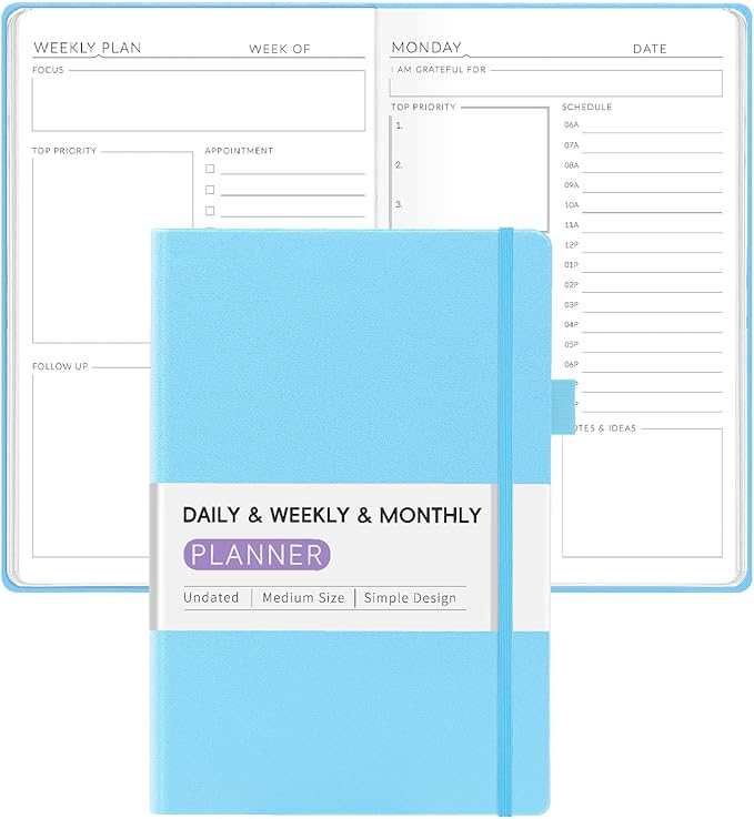 Undated Weekly Planner for 2025, Forvencer Simplified Daily & Weekly & Monthly Calendar Planner, Cute Daily Organizer Notebook, Agenda Journal to Track Goals & Tasks, Start Anytime, A5 Size, Sky Blue-DeskLoop Office