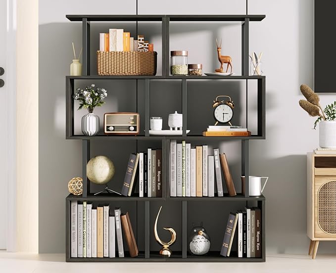 Furologee Geometric Bookshelf 5 Tier Bookcase, Industrial S-Shaped Display Storage Shelf for Small Space, Tall Metal Wood Decorative Standing Shelves for Bedroom, Living Room, Office, Black Oak-DeskLoop Office