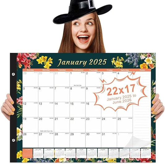 Gannyfer Desk Calendar 2025-2026, Large 22"x17" Desktop Calendars 18 Month Jan 2025 - Jun 2026, Monthly Planner Pad with Plastic Cover -Dark Floral-DeskLoop Office