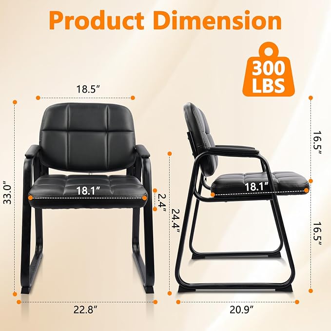 CLATINA Waiting Room Guest Chair with Bonded Leather Padded Arm Rest for Office Reception and Conference Desk Black with Sled Base 2 Pack-DeskLoop Office