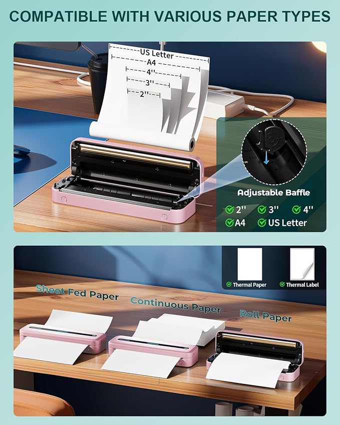 COLORWING Portable Printers Wireless for Travel, 300DPI Mini Compact Inkless Printer, Thermal Bluetooth Printer Compatible with Android and iOS Smartphone & Tablet & Laptop - Pink-DeskLoop Office