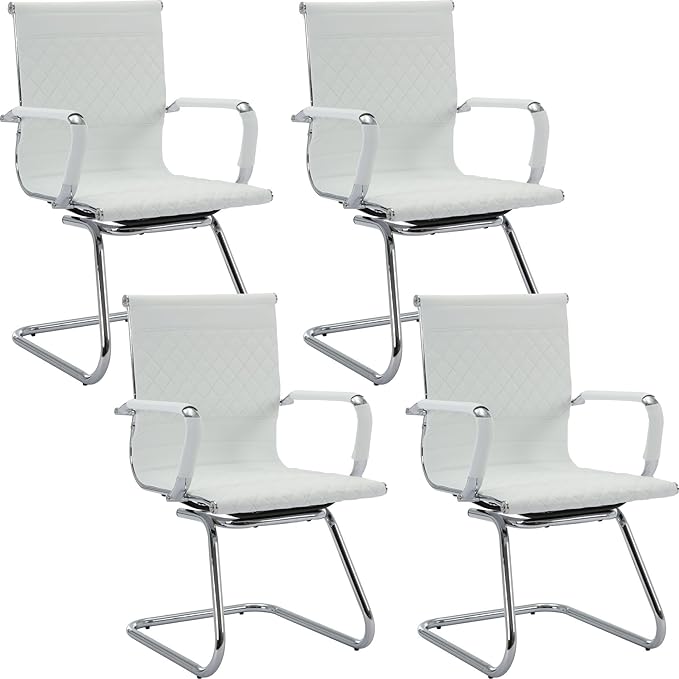 Office Guest Chairs - Reception & Waiting Room Set of 4, Modern PU Leather Desk Chairs, White-DeskLoop Office