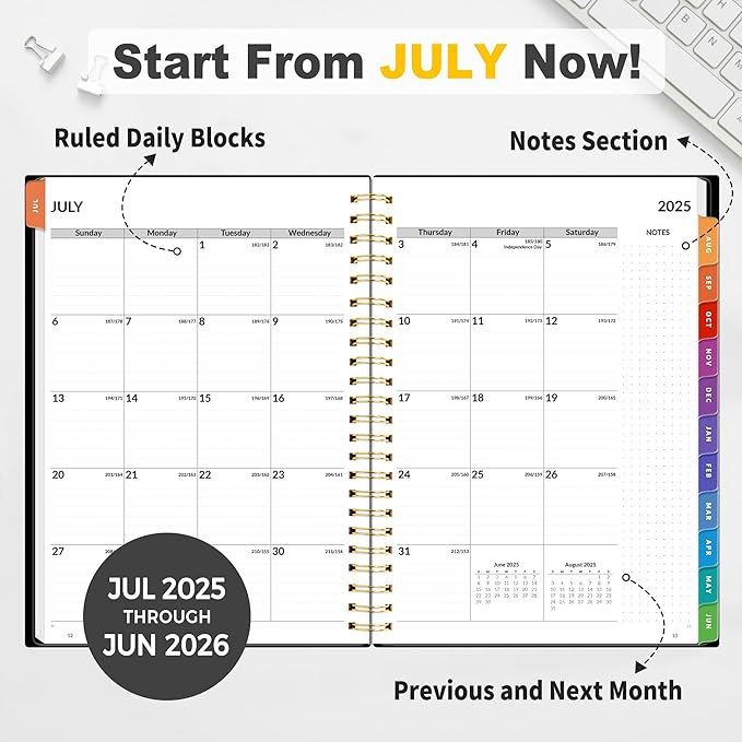 SUNEE 2025-2026 Appointment Book, Quarter-Hourly, Weekly & Monthly - from July 2025 to June 2026, 8.5"x11" Academic Planner, Flexible Cover, Note Pages, Bookmark, Spiral Binding, Black-DeskLoop Office